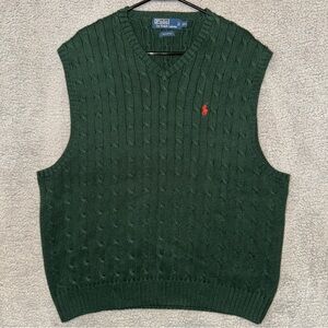 Polo Ralph Lauren Mens XXL Cable Knit V Neck Sweater Vest Green Orange Pony